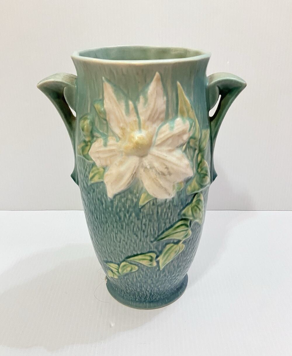 Vintage Roseville Pottery Clematis Flower 112 12 LG Vase Teal Green Blue 1940s